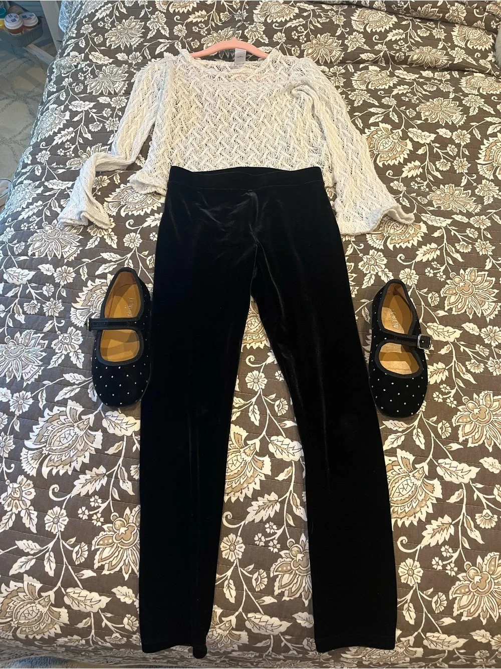J. Crew Girls White Knit Sweater with Black Velvet Pants & Black Mary Janes